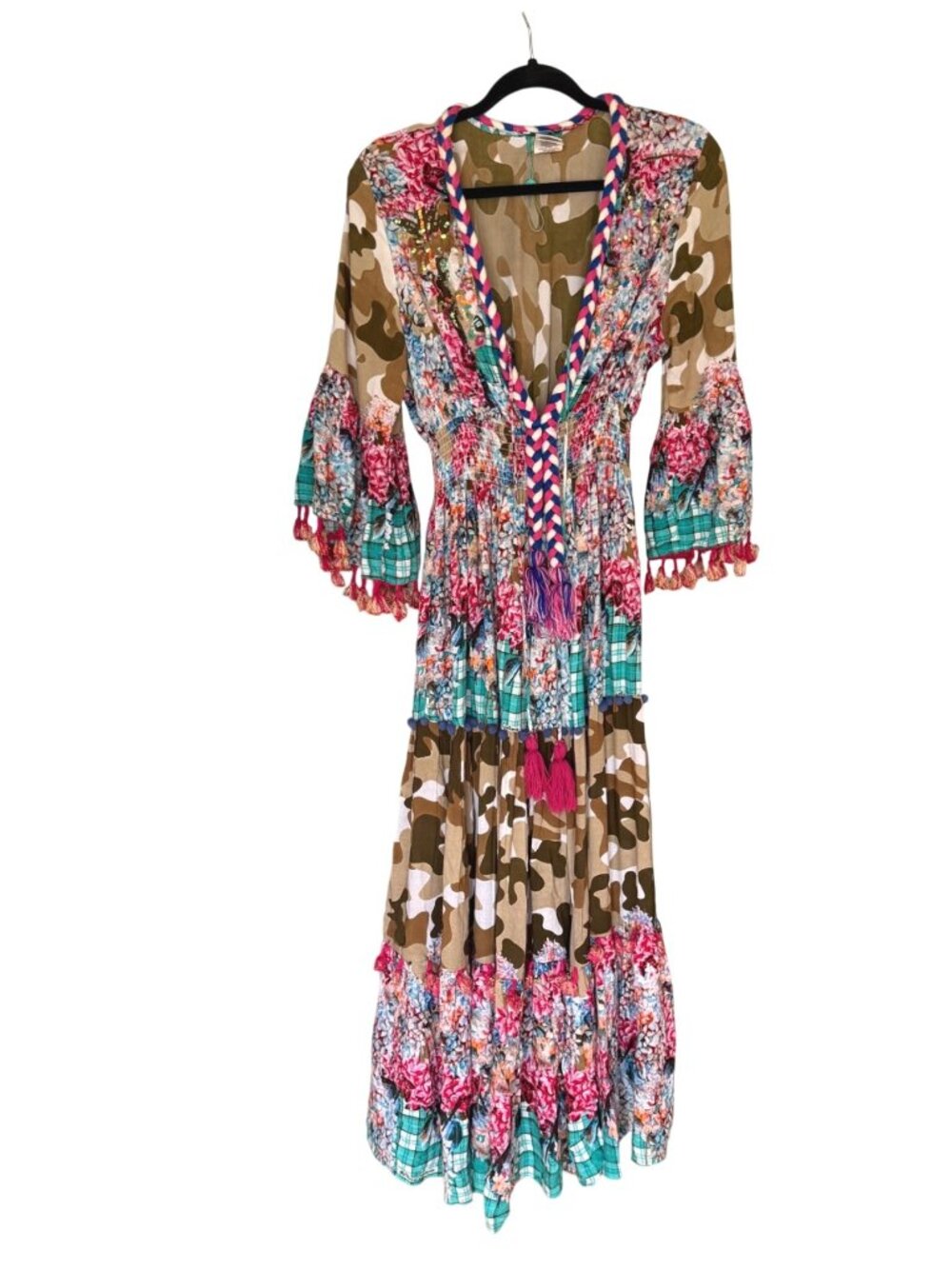 Antica Sartoria Giacomo Cinque Women's Maxi Dress OS Floral Tiered Beaded Tassel